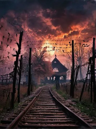 auschwitz i,auschwitz,train cemetery,railway track,abandoned train station,auschwitz 1,railroad,birkenau,slavonia,railroad track,wooden bridge,railroad line,railway tracks,majdanek,wooden track,railtrack,railway line,train track,railroad tracks,wooden train,Illustration,Realistic Fantasy,Realistic Fantasy 37