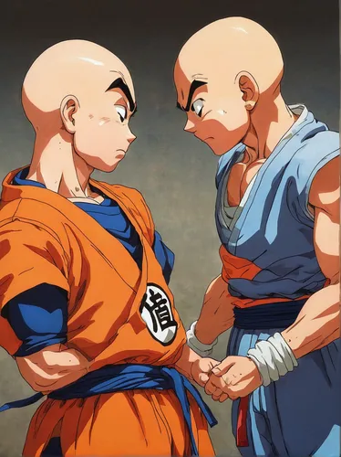 Portray the emotional reunion between Goku and Krillin after a long and arduous training session,nikuman,dragon ball,dragonball,dragon ball z,takikomi gohan,monks,sanshou,bald,buchardkai,kurash,baldne