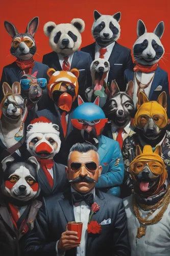 businessmen,popular art,the animals,animal icons,anthropomorphized animals,gentleman icons,money heist,business people,masquerade,business icons,animals,animal company,villagers,furta,raccoons,suits,collection of ties,mafia,oil painting on canvas,business men,Illustration,Realistic Fantasy,Realistic Fantasy 24