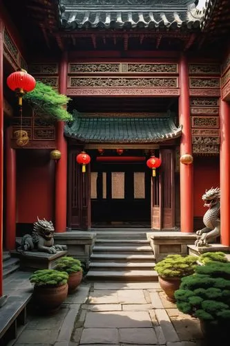 Traditional Chinese Tang Dynasty architecture, intricately carved wooden doors, vibrant red walls, golden roof tiles, majestic upturned eaves, ornate bronze door handles, lanterns hanging from eaves, 