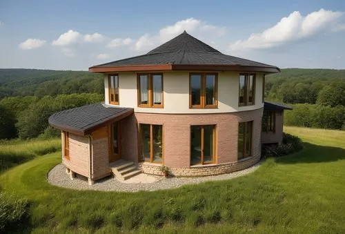 Мodern house surrounded by a forest.
The walls are white. Black roof.,this house has a round roof, an upper floor, and stone columns,passivhaus,glickenhaus,danish house,kornhaus,vulkaneifel,round hous