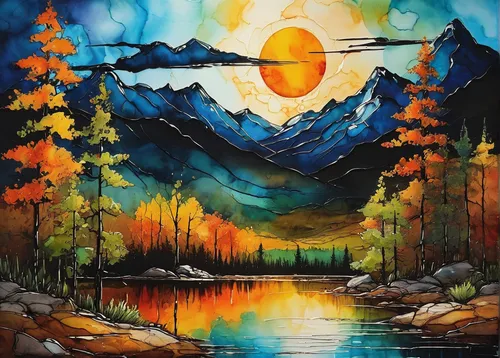 Landscape Painting in Alcohol Ink by Korinne Carpino,fall landscape,mountain sunrise,autumn landscape,autumn mountains,oil painting on canvas,autumn background,watercolor background,landscape backgrou