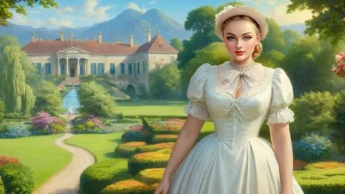 Romantic masterpiece oil painting, beautiful curvy busty woman portrait, standing silk dress, standing, southern belle, nostalgic 1950's style kitsch, breathtaking beautiful epic vast southern plantat