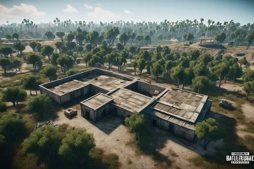 Erangel map, PUBG, secret room locations, hidden loot, underground bunkers, military base, abandoned buildings, dense forests, sniper towers, coastal areas, urban ruins, panoramic view, dynamic lighti