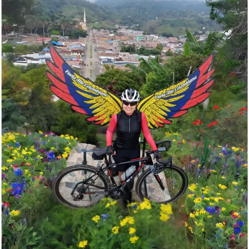 Green meadow with blue and yellow flowers,artistic cycling,business angel,montgolfiade,winged,cross-country cycling,wings,mountain biking,flying girl,paracycling,mountain bike,bike land,atala,bicycle 