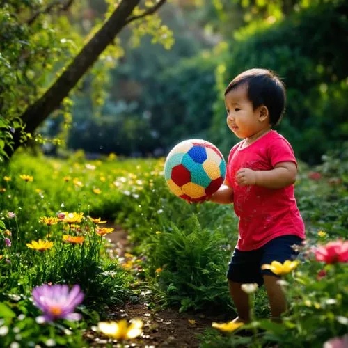 "In a vibrant garden filled with colorful flowers, add an image of a 2-year-old Indonesian child playing with a ball. The child should be integrated seamlessly into the scene, maintaining the same pho