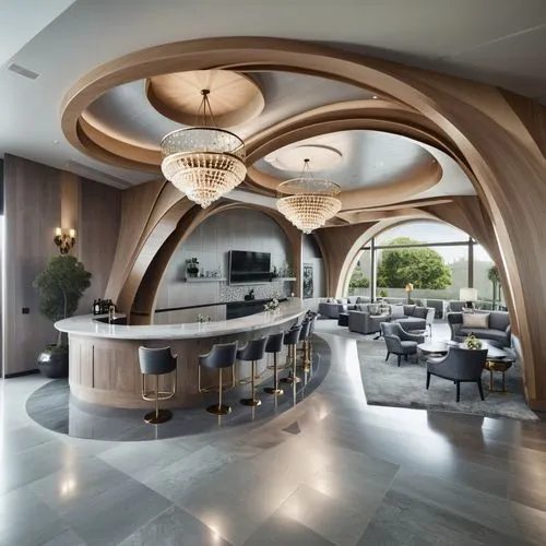 modern, minimalist, and luxurious lobby in a high-rise building. The focal point is a curved, grey sectional sofa that dominates the floor space. The sofa is comprised of several individual pieces ass