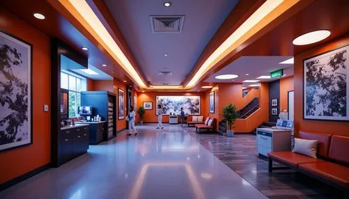 Vibrant hospital corridors, dramatic staircases, bold color schemes, abstract artwork, irregular shapes, dynamic lighting fixtures, glowing neon accents, futuristic medical equipment, sleek metal surf