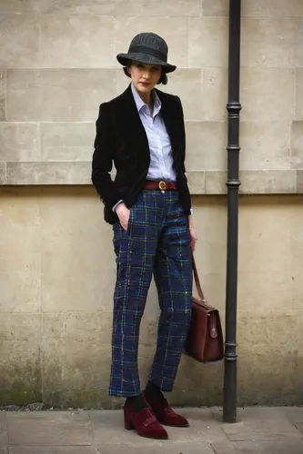 woman in menswear,tartan colors,tartan,menswear for women,cordwainer,suit trousers,chequered,trilby,pork-pie hat,autumn plaid pattern,bowler hat,tartan background,oxford retro shoe,buffalo plaid,light plaid,plaid,stovepipe hat,cowboy plaid,flat cap,trouser buttons,Art,Artistic Painting,Artistic Painting 49