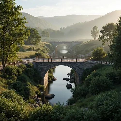 Curved bridge structures, harmonious landscape integration, lush greenery, serene water reflections, natural stone abutments, wooden railings, gentle slopes, meandering paths, scenic overlooks, misty 