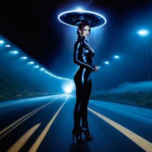 Britney Spears, traje da viúva negra branca, disco voador metálico, estrada sem destino,latex clothing,highway lights,night highway,policewoman,abduction,latex,ufo,light trail,light track,dita,headlig