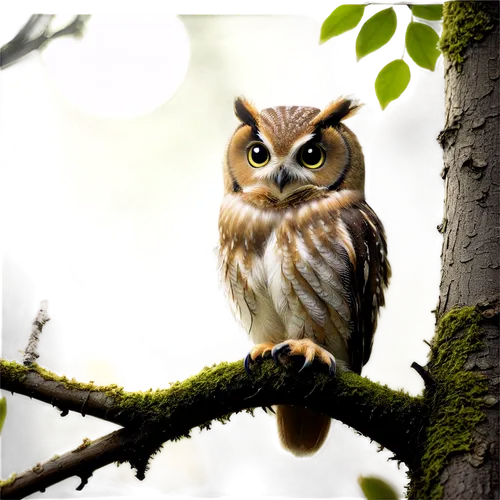 Owl, perched, tree hollow, nocturnal bird, white feathers, big round eyes, sharp talons, sitting, quiet, moonlight filtering through leaves, misty atmosphere, soft focus, shallow depth of field, cinem