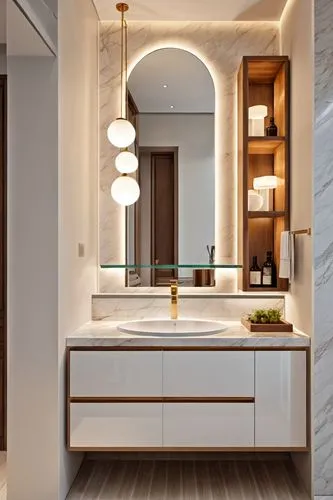 ultra luxurious modern wash basin unit with marble finish back and wooden shelves and white melamine drawers ,a bathroom with a sink, mirror and cabinet,modern kitchen interior,corian,modern minimalis