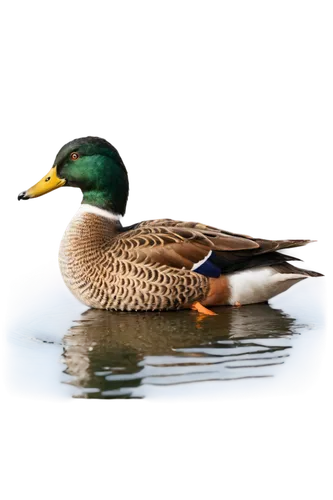 Mallard duck, adult, male, green head, yellow bill, brown chest, white collar, orange legs, webbed feet, swimming, water ripples, shallow depth of field, natural lighting, soft focus, warm color tone,