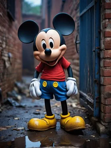 Mickey Mouse, sad facial expression, droopy ears, red eyes, single tear, worn-out blue shorts, yellow shoes, standing alone, dimly lit abandoned alleyway, old brick wall, rusty iron gate, scattered tr