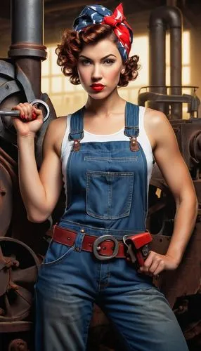 Modern Rosie the Riveter, 1940s inspired, female worker, strong muscular arms, iconic bandana, bold red lipstick, short curly brown hair, denim overall, white tank top, tool belt around waist, holding