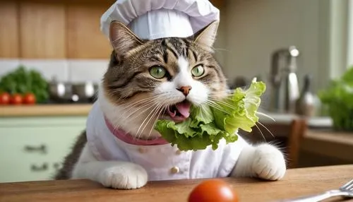 Funny cat, sitting, wearing chef hat, white apron, holding fork, eating salad, lettuce, tomatoes, cucumbers, carrots, bright green eyes, whiskers, pink nose, cute mouth, wooden table, vintage kitchen 