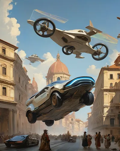 Transport Julia Ernst to a futuristic cityscape with holographic displays and flying cars speeding by.,logistics drone,flying machine,fleet and transportation,drones,sci fiction illustration,flying dr