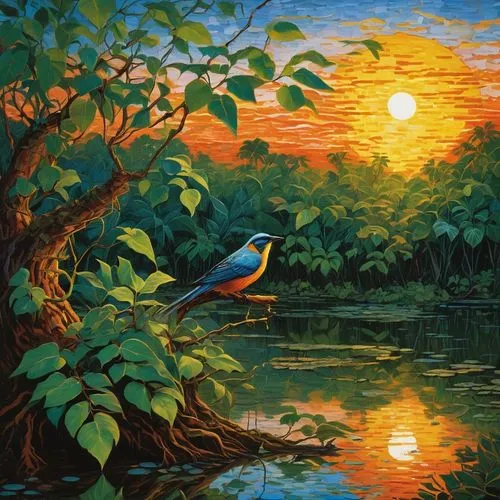 bird painting,dubbeldam,river kingfisher,hildebrandt,oil painting on canvas,river landscape,Art,Artistic Painting,Artistic Painting 03