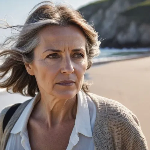 deniz kenarında  kumsalda , melankolik olarak yürüyen orta yaşlı kadın,rampling,ardant,chazal,segolene,sigourney,darol,rodanthe,gilf,menopause,bonnaire,montalbano,dillahunt,extant,menopausal,postmenop