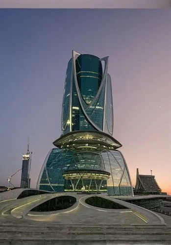 futuristic sky scraper, made of concrete , glass & steel structure  .twilight time located in the middle of futuristic high rise city and lake ,esteqlal,azrieli,quatar,baku,united arab emirates,uae,ca