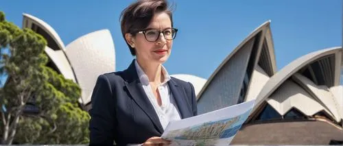 Architectural designer, Sydney, mature lady, 30s, short hair, glasses, professional attire, black blazer, white shirt, pencil skirt, high heels, holding blueprints, standing, Sydney Opera House, sunny