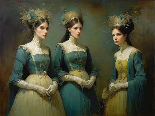 the three graces,victorian fashion,three flowers,the victorian era,young women,gothic portrait,victorian lady,victorian style,porcelain dolls,nurses,distaff thistles,angels of the apocalypse,debutante,the order of the fields,candlesticks,nettle family,portraits,order of precedence,borage family,four seasons,Illustration,Realistic Fantasy,Realistic Fantasy 16