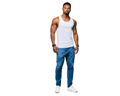 muscular man, black skin, athletic build, short black hair, beard, mustache, piercing brown eyes, strong facial features, broad shoulders, muscular chest, six pack abs, ripped jeans, white tank top, s