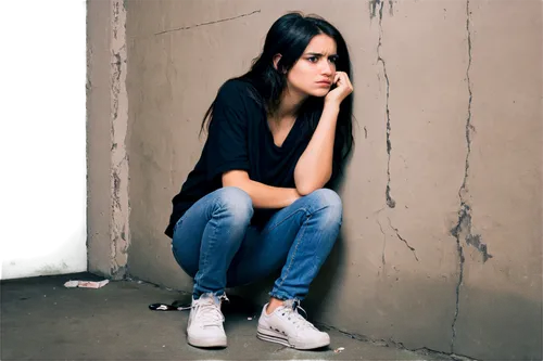 Hopeless girl, despairing expression, messy black hair, dark circles under eyes, pale skin, worn-out clothes, ripped jeans, dirty sneakers, slumped posture, leaning against wall, dim lighting, bleak a