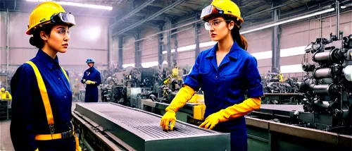 Industrial factory, interior scene, machinery, assembly line, conveyor belt, metallic texture, bright LED lights, steam pipes, control panels, workers in uniform, helmets, goggles, gloves, serious fac