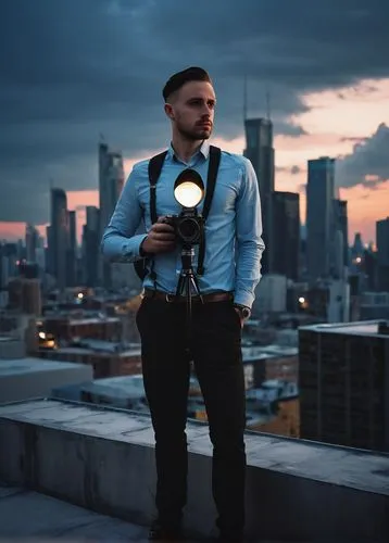 Male photographer, 30s, casual outfit, black camera, strap around neck, holding reflector, standing on rooftop, modern skyscraper, cityscape, blue hour, low-angle shot, dramatic lighting, shallow dept