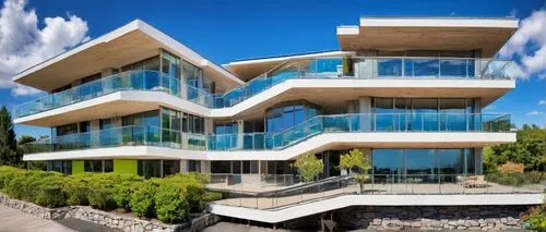 Modern residential building, exterior, daytime, sunny weather, clear blue sky, white clouds, detailed windows, glass railings, wooden decks, stone walls, green roofs, solar panels, outdoor furniture, 