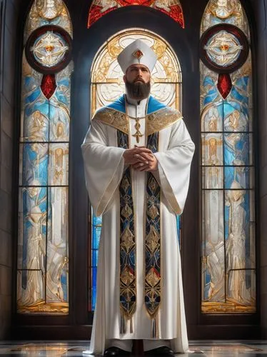 Fantasy priest, male, muscular, tall, white robes, golden embroidery, red sash, ceremonial hat, beard, blue eyes, serious expression, holding holy staff, standing, grand cathedral interior, stained gl