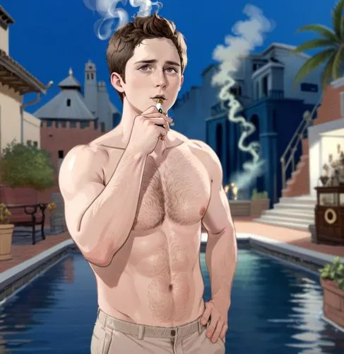 shirtless logan lerman smoking white cigar stick , cigarrette is smoking, curly cropside hair, beard,man smoking and taking a cigarette with  by the pool,maclachlan,zuckman,male elf,schnetzer,connor,d