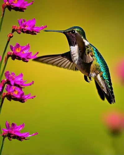 Write a poetic description of a hummingbird flying gracefully in a meadow filled with blooming flowers.,bee hummingbird,ruby-throated hummingbird,black-chinned hummingbird,allens hummingbird,calliope 