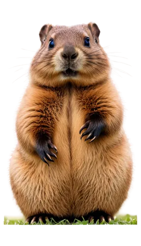 Groundhog, fat belly, fluffy fur, whiskers, cute face, standing upright, front paws together, green grass background, warm sunlight, 3/4 composition, shallow depth of field, soft focus, cinematic ligh