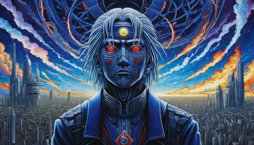 In a dystopian future, Minato Namikaze leads a rebellion against a tyrannical regime with his strategic genius.,third eye,biomechanical,cybernetics,dr. manhattan,humanoid,esoteric,mysticism,all seeing