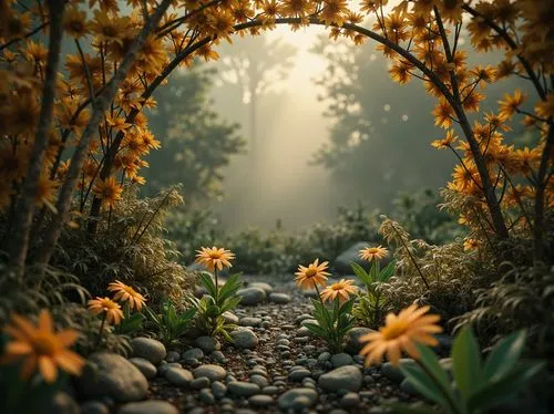 pathway,yellow garden,the mystical path,forest path,golden border,the path,wooden path,path,tunnel of plants,hiking path,paths,walkway,yellow daisies,flower garden,flower field,plant tunnel,to the garden,golden flowers,fallen flower,rudbeckia