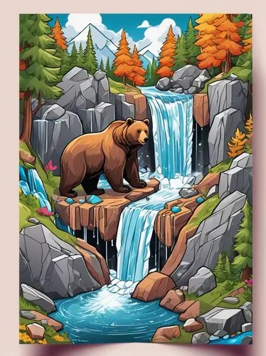 brown waterfall,brown bears,brown bear,frame border illustration,katmai,cartoon video game background,mountain stream,water fall,landscape background,nature background,mountain scene,water falls,bear kamchatka,cute bear,forest background,colored pencil background,waterfall,european brown bear,ursine,bear,Unique,3D,Isometric