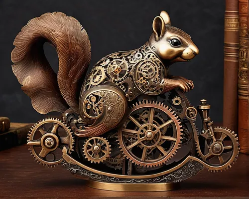 steampunk gears,steampunk,wooden rocking horse,whimsical animals,atlas squirrel,rocking horse,scrap sculpture,carousel horse,wood carving,clockmaker,music box,wooden horse,wood art,carved wood,animal figure,ornate pocket watch,wood rabbit,mechanical,rock rocking horse,wooden toy,Illustration,Realistic Fantasy,Realistic Fantasy 13