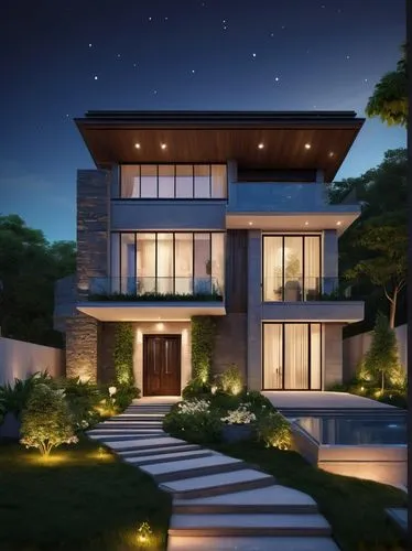 Modern villa, luxurious facade, large windows, sliding glass doors, elegant entrance, ornate columns, grand stairs, lush greenery, flower beds, exterior walls with stone cladding, warm ambient lightin