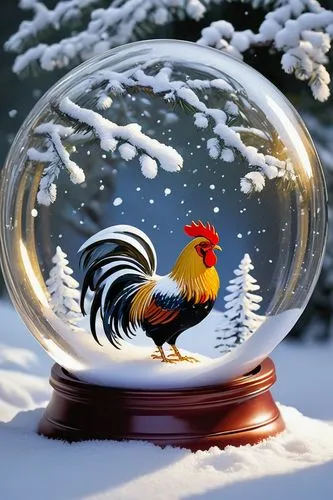 Rooster, snow globe, mini winter scene, frosty glass sphere, delicate snowflakes gently falling, festive holiday setting, detailed feathers, golden beak, bright curious eyes, fluffy plumage, white sno