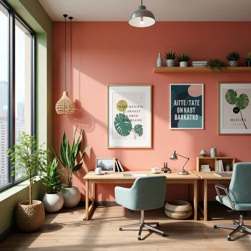 creative office,modern decor,pink green,working space,modern office,blur office background,interior design,bureaux,mid century modern,green living,nettl,study room,contemporary decor,interior decoration,pink chair,house plants,houseplants,offices,interior decor,furnished office