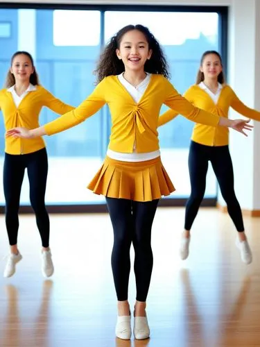 The girl in front performs a jumping jack dance - legs spread wide.,an adorable little girl dressed as a cheerleader,little girl ballet,bhangra,macarena,children jump rope,dance schools,naenae