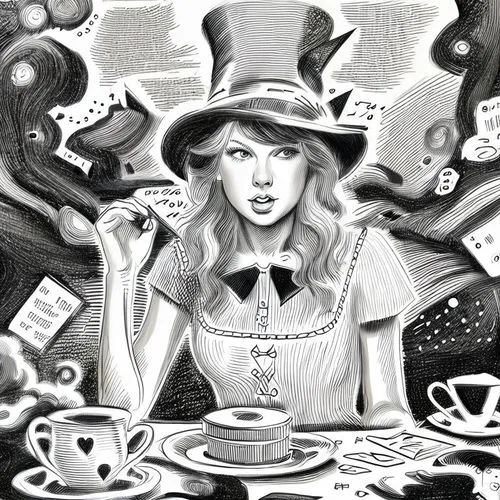 Taylor Swift wearing a black dress reading a book,alice in wonderland,coffee tea illustration,hatter,coffee tea drawing,tea party,woman drinking coffee,wonderland,alice,tea party cat,fortune teller,te