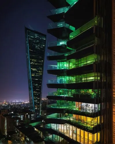 Rooshad Shroff modern architecture, futuristic skyscraper, glass facade, steel framework, triangular shape, asymmetrical design, sharp angles, cantilevered floors, rooftop garden, urban landscape, cit