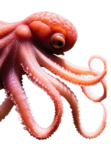 Octopus, underwater, tentacles curled up, suckers visible, bulbous eyes, soft pinkish-brown skin, delicate texture, morning sunlight filtering through water, shallow composition, warm color tone, cine