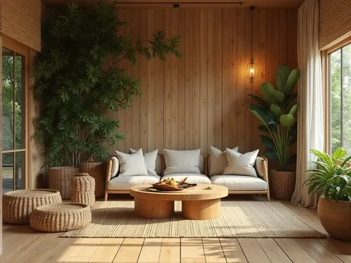 sunroom,bamboo curtain,limewood,japanese-style room,livingroom,living room,wooden sauna,cabana,bamboo plants,sitting room,houseplant,patterned wood decoration,tropical house,wooden decking,summer house,contemporary decor,indoor,houseplants,modern decor,wooden wall,Photography,General,Realistic