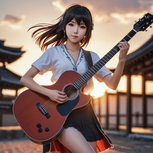 flying anime character,japanese style,girl,guitars,a girl wearing a short skirt holding an acoustic guitar,guitar,concert guitar,takamine,classical guitar,playing the guitar,guitar player,Photography,