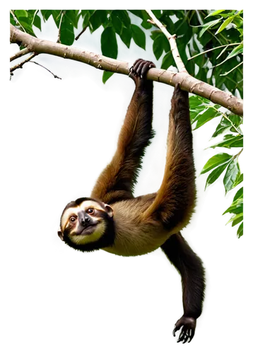 Rainforest animals, lush green background, vibrant colors, exotic atmosphere, sloth hanging upside down, slow-moving eyes, soft fur, claws gripping branch, capuchin monkey jumping between trees, agile